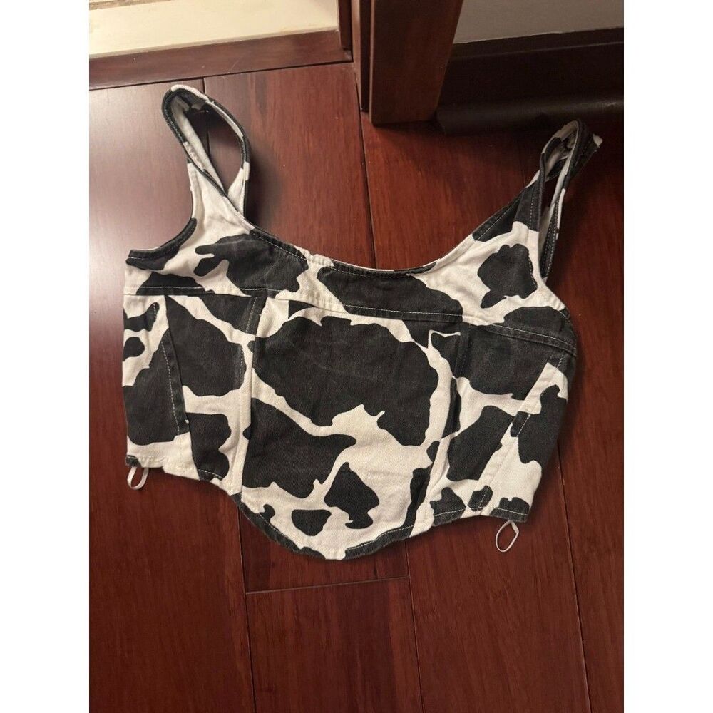 Lone Star Cow Print Denim Corset Crop Top Womens M Y2K Festival Smocked Back